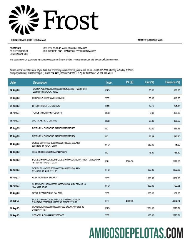 Realista Frost Bankers Enterprise modelo de extrato de conta Word e PDF